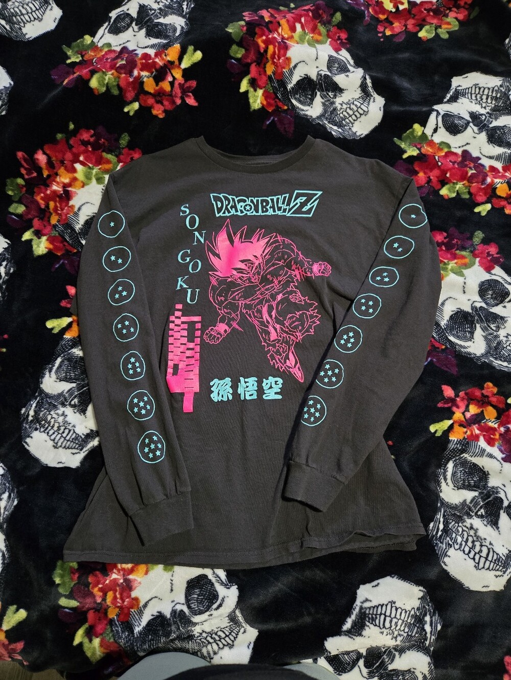 Songoku Graphic Long Sleeve Shirt - Black with Neon Pink & Teal